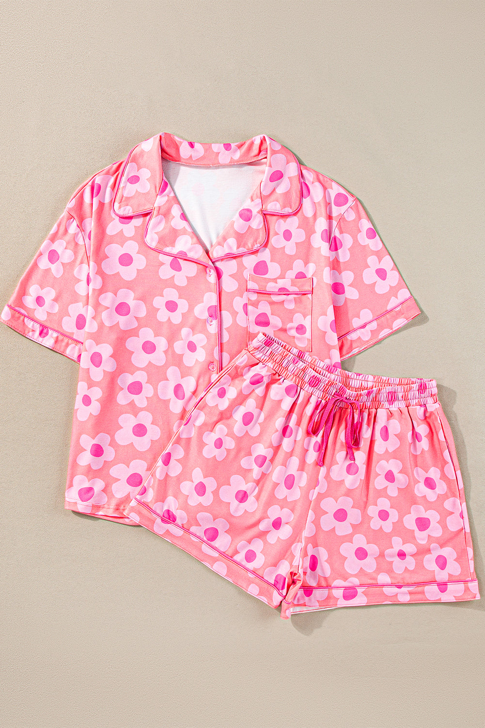 Pink Floral Print Short Sleeve Shirt Pajamas Set