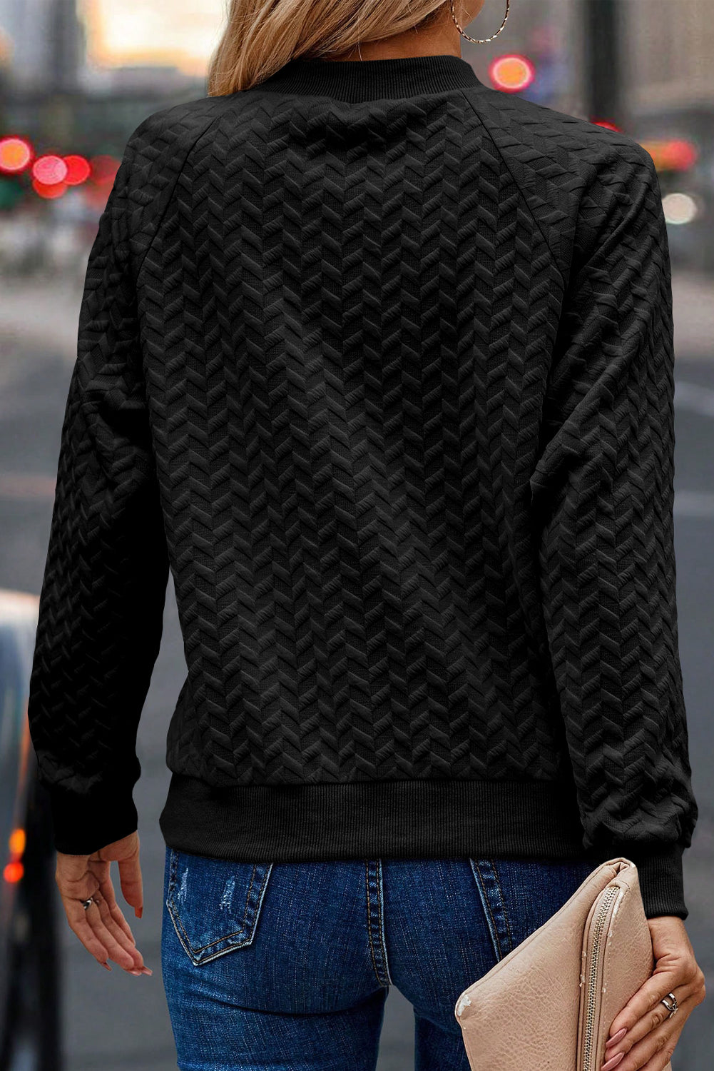 Green Solid Color Textured Raglan Sleeve Pullover Sweatshirt