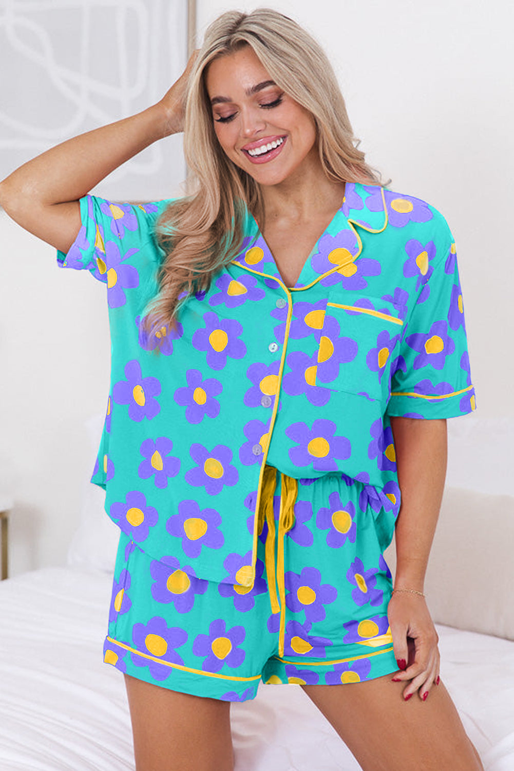 Green Flower Print Pajamas Set