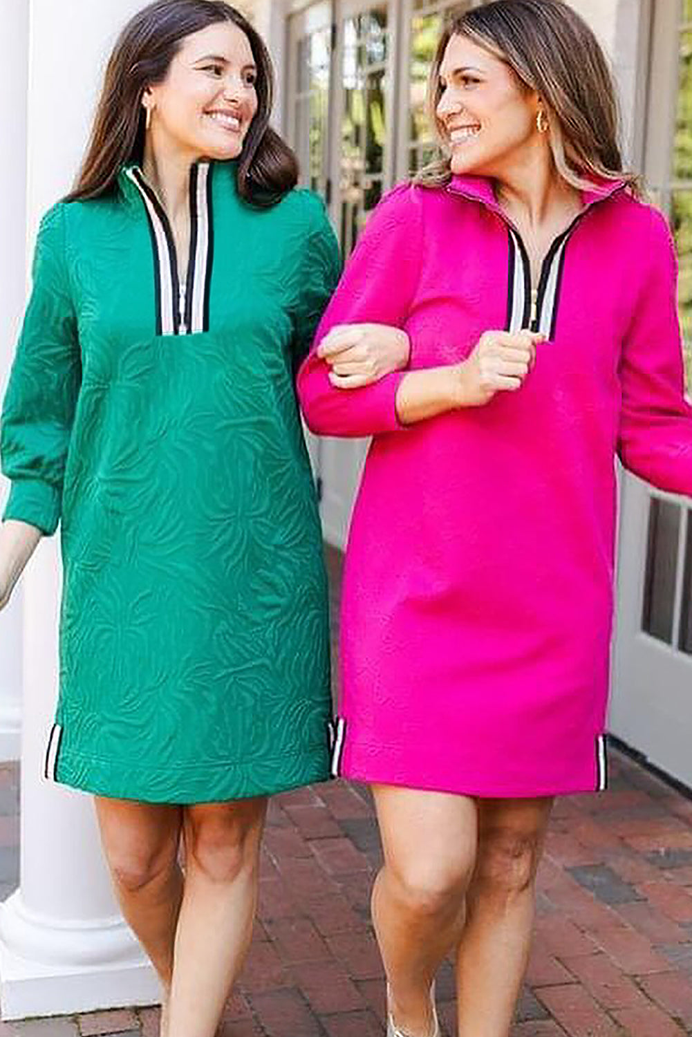 Sea Green Jacquard Textured Quarter Zipper Mini Dress