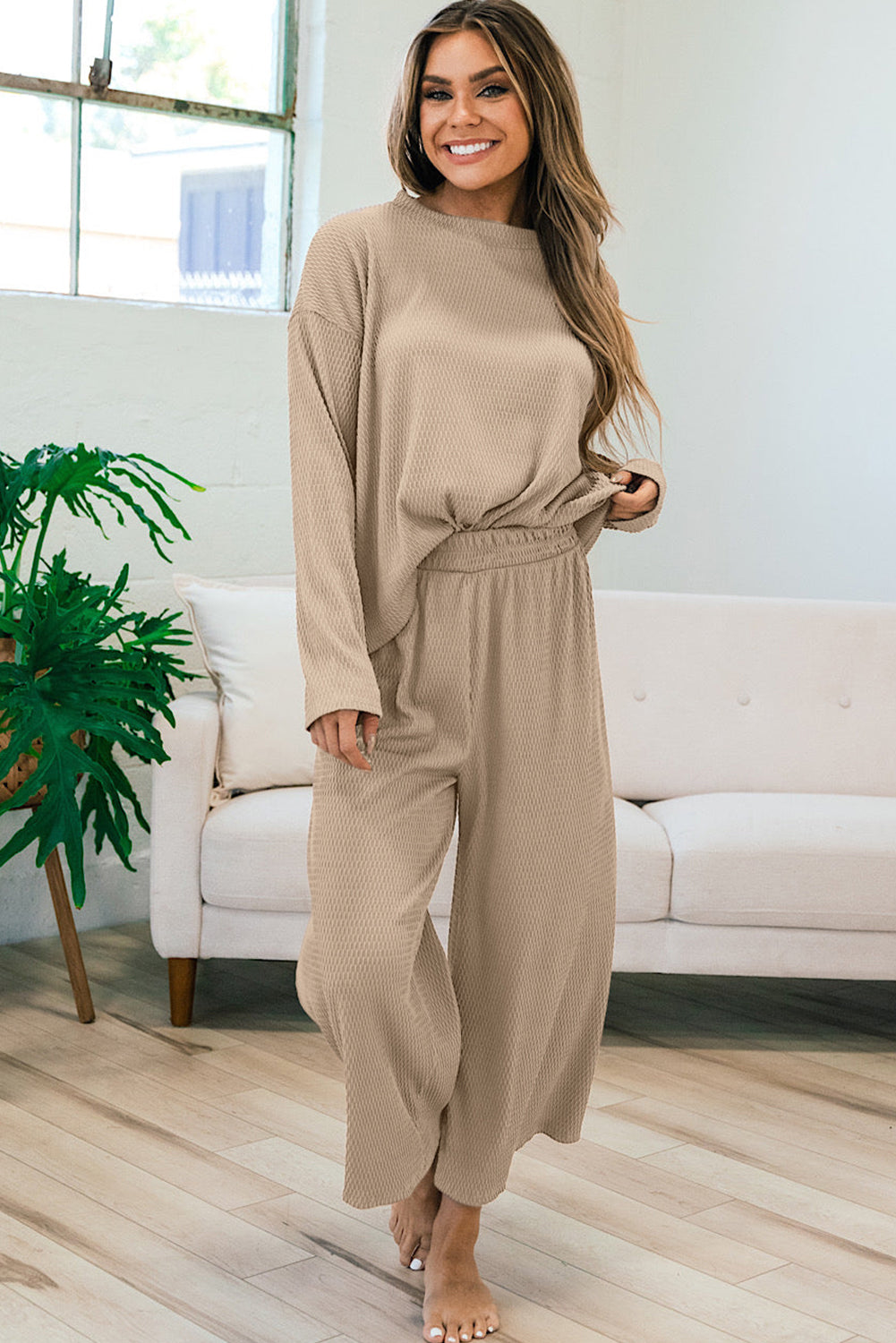 Smoke Gray Loose Textured Pullover & Pants Outfit