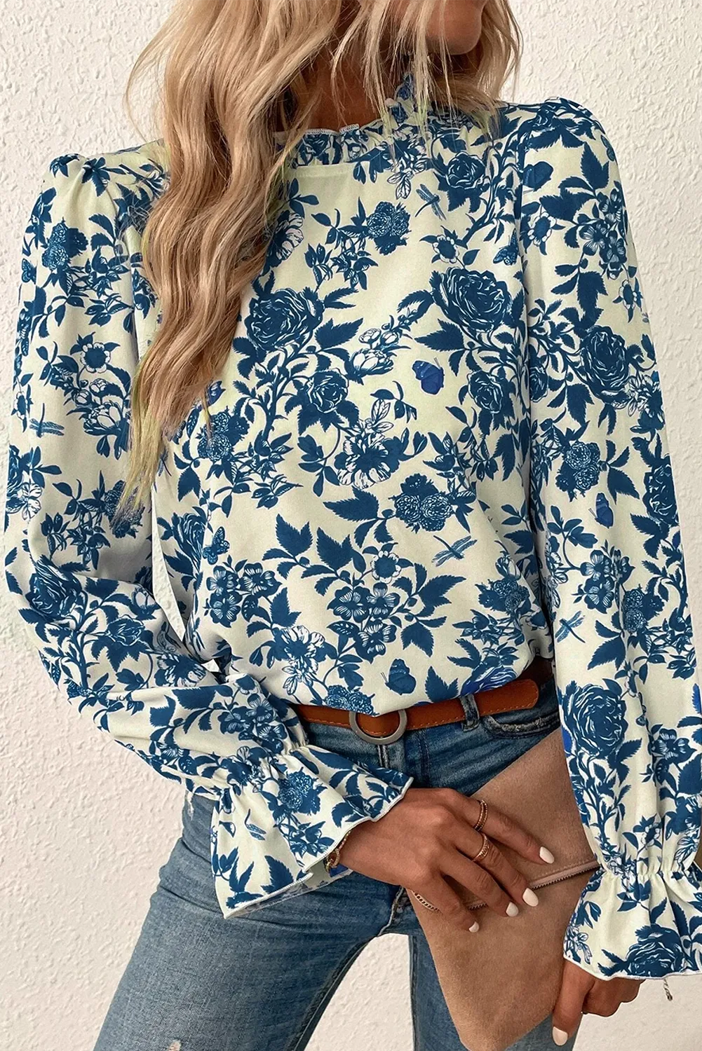 Floral Print Mock Neck Flounce Sleeve Blouse