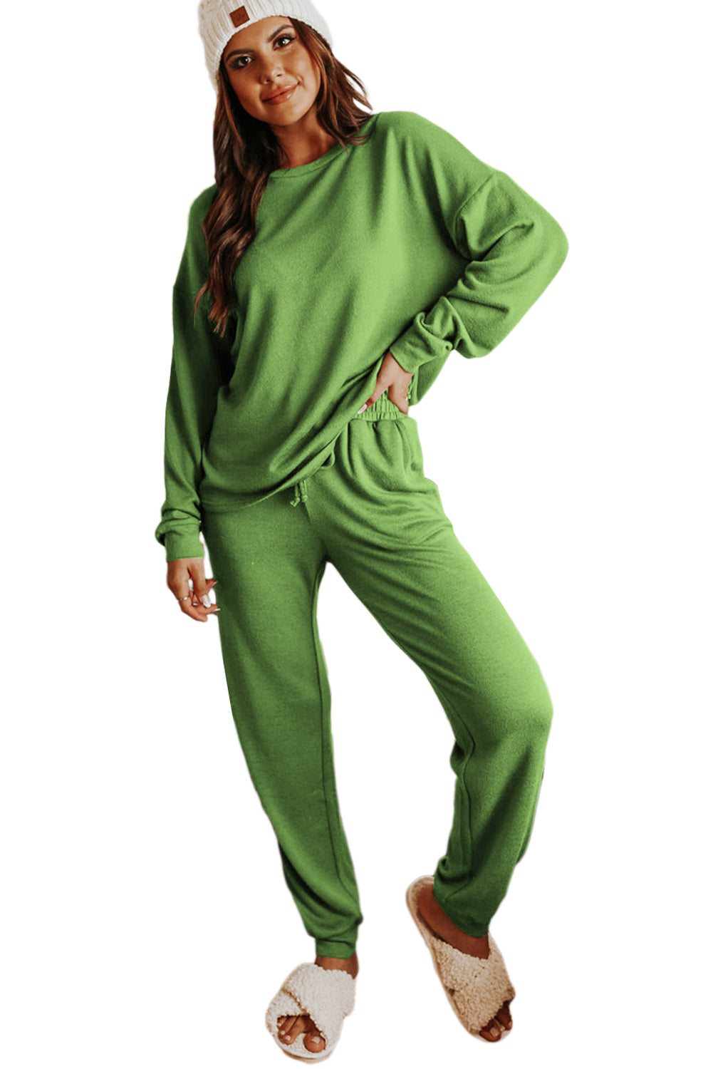 Spinach Green Luxe Long Sleeve Pullover & Jogger Pants Lounge Set