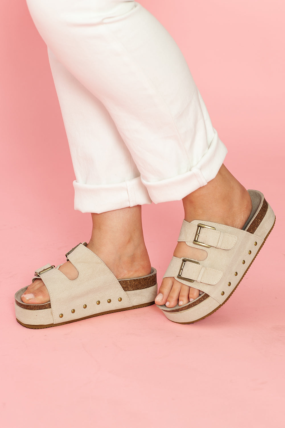 Suede Buckle Decor Corky Platform Slides