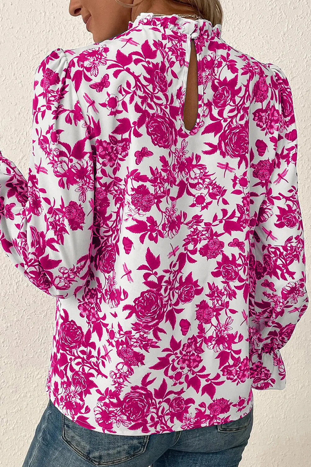 Floral Print Mock Neck Flounce Sleeve Blouse