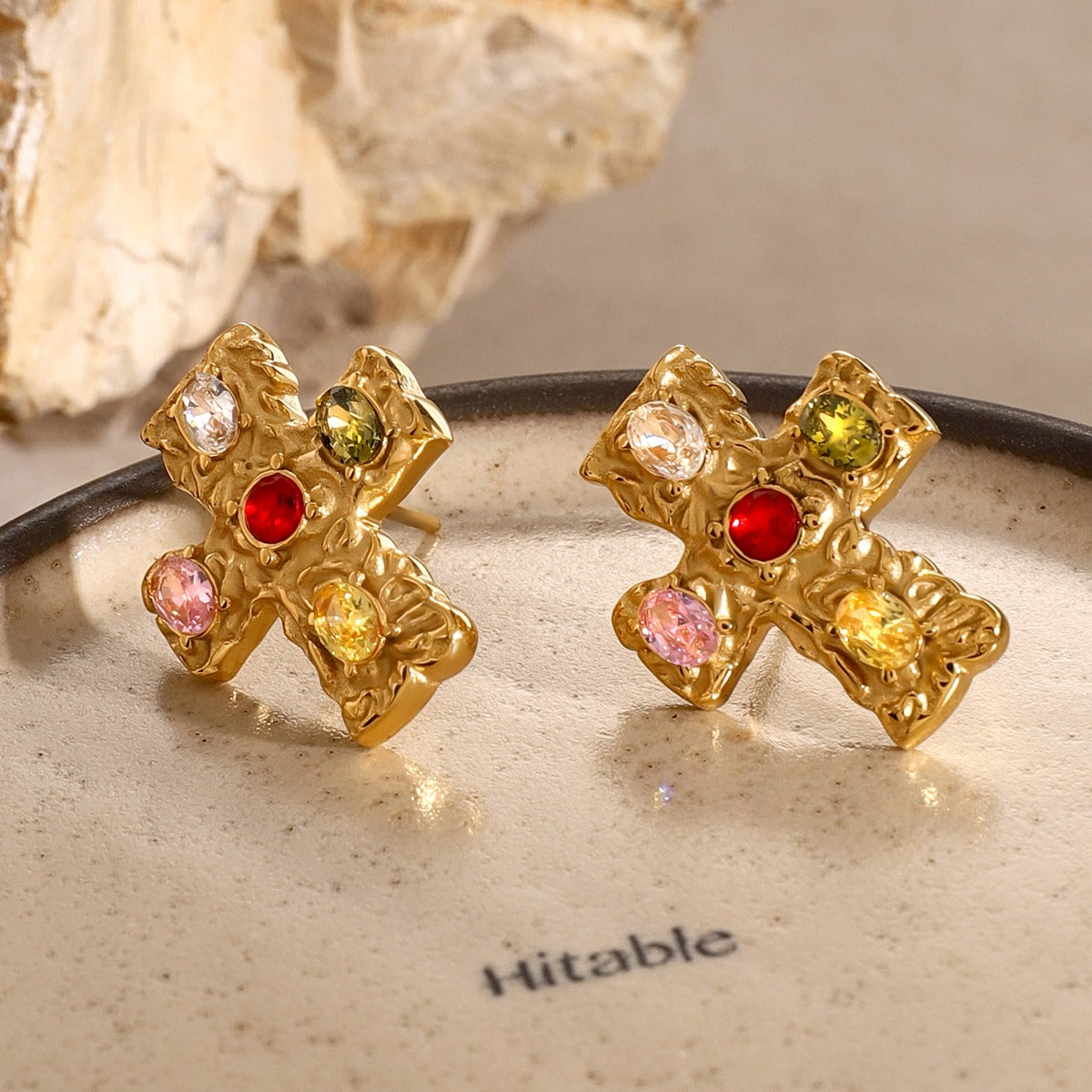 18K Gold-Plated Zircon Cross Earrings multicolor