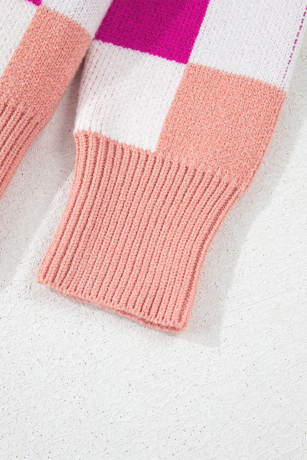 Pink Checkered Ribbed Edge Shoulder Sweater