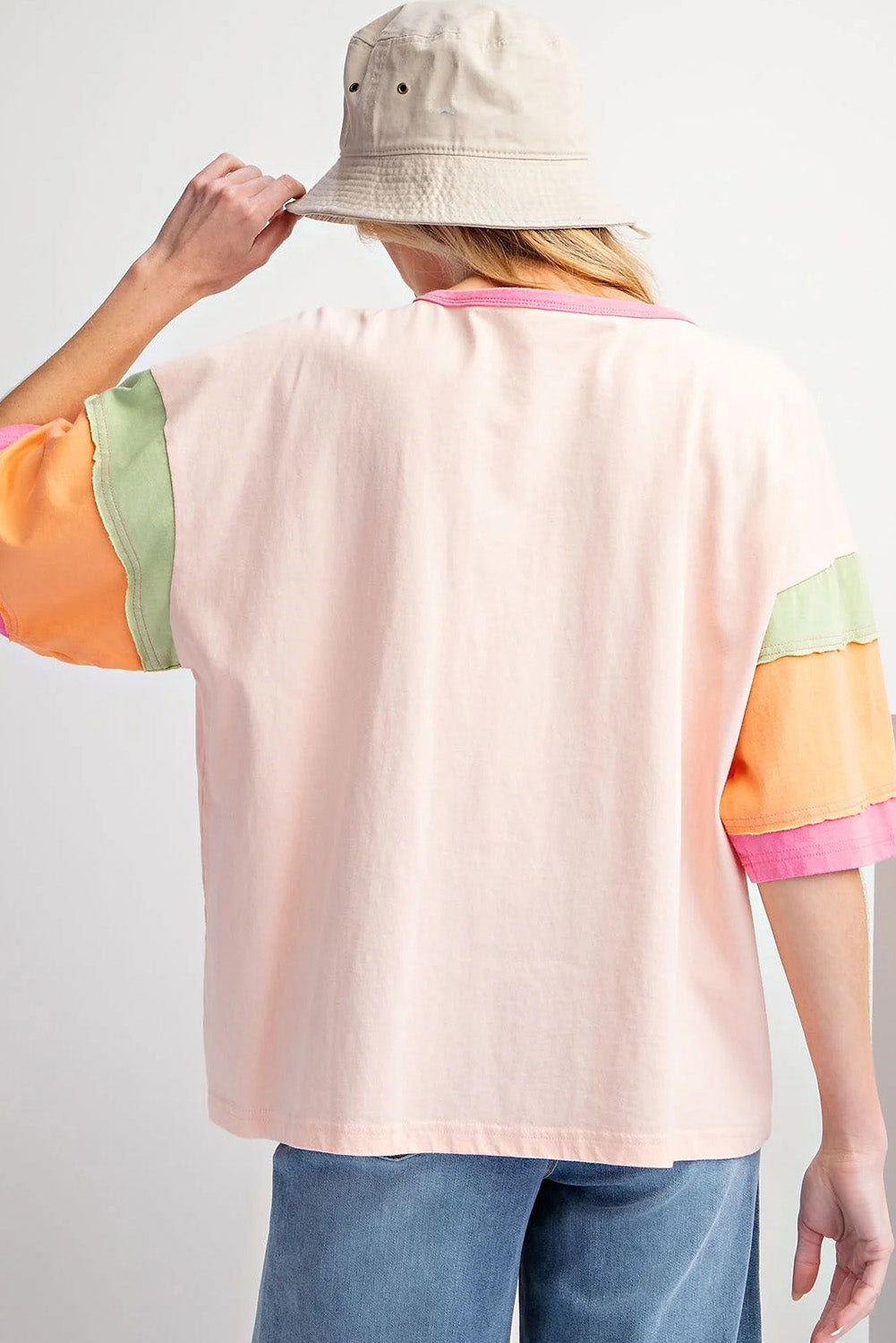 Pink Football Embroidered Color Block Tee