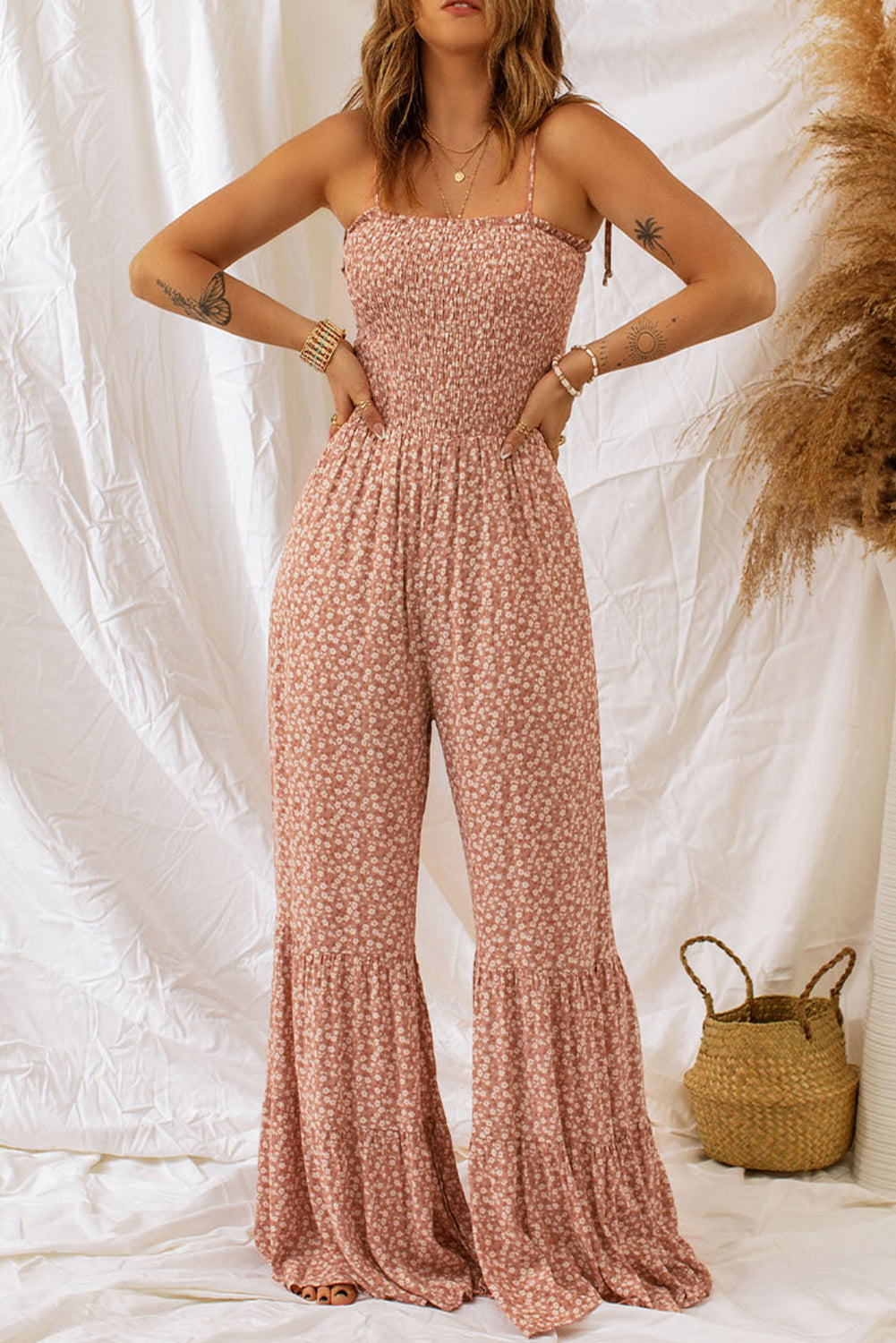 Floral Spaghetti Strap Jumpsuit with Smoked Bodice and Wide Leg
