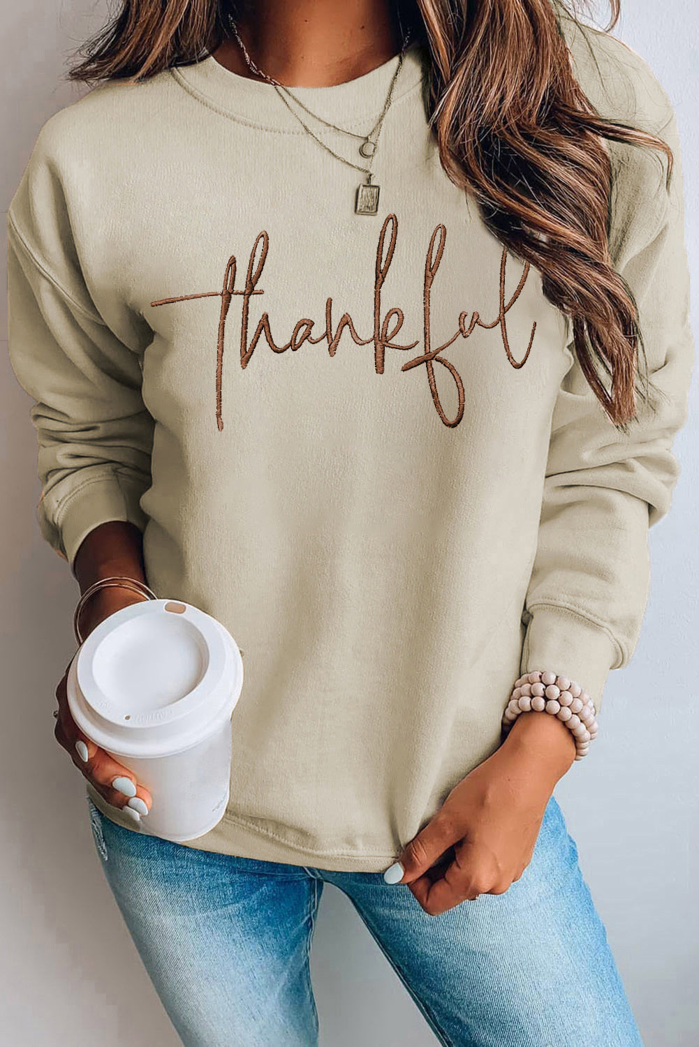 thankful Embroidered Drop Shoulder Pullover Sweatshirt