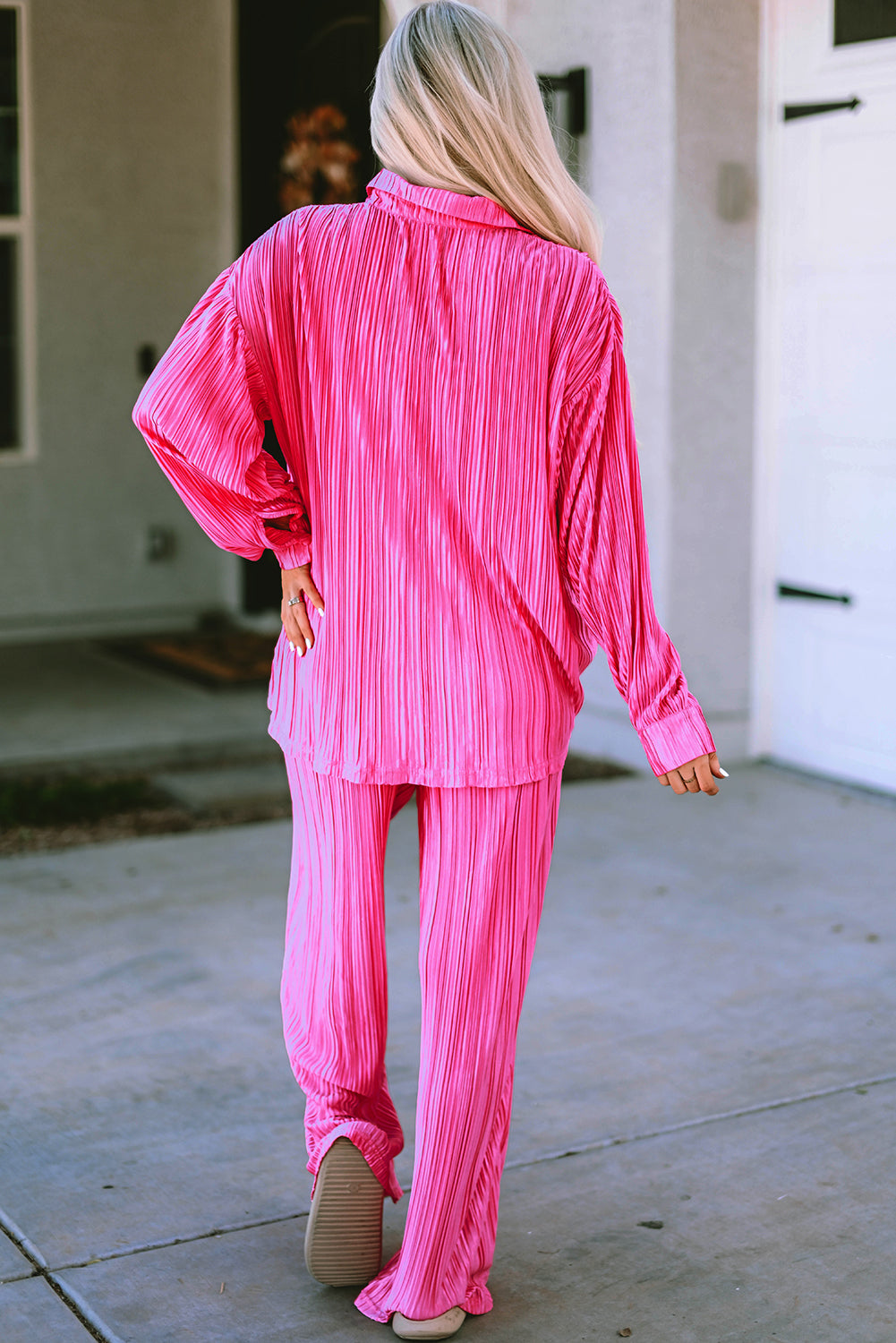 Hot Pink Rose Pleated Long Sleeve Shirt & Wide-Leg Pants Set