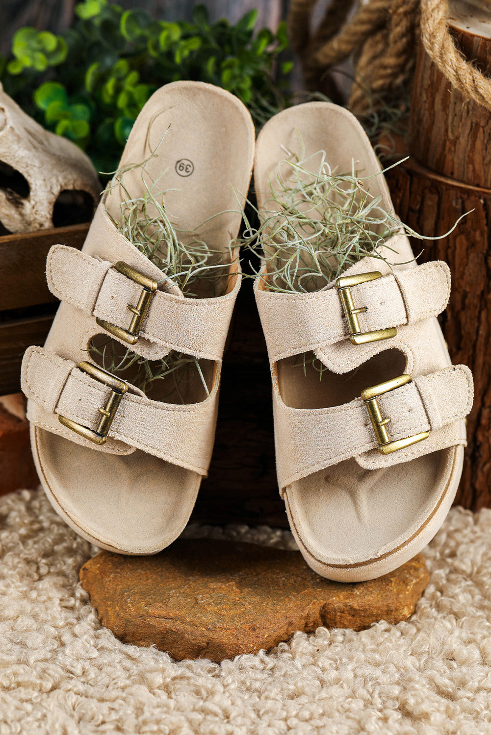 Suede Buckle Decor Corky Platform Slides