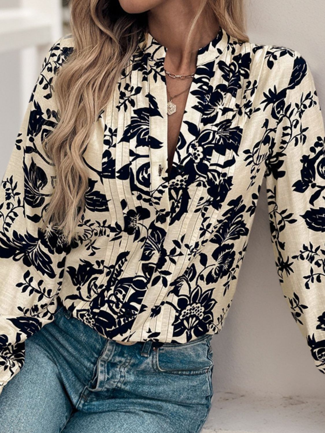 Printed cream and black floral Long Sleeve Shirt