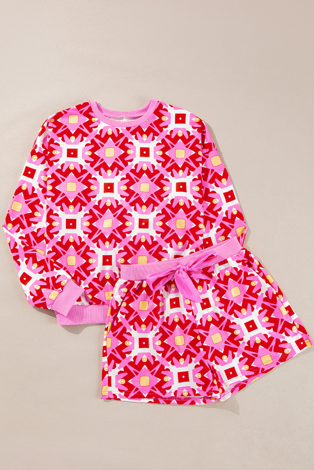 Geometric Print Lounge Set with Long Sleeves and Drawstring Waist Shorts