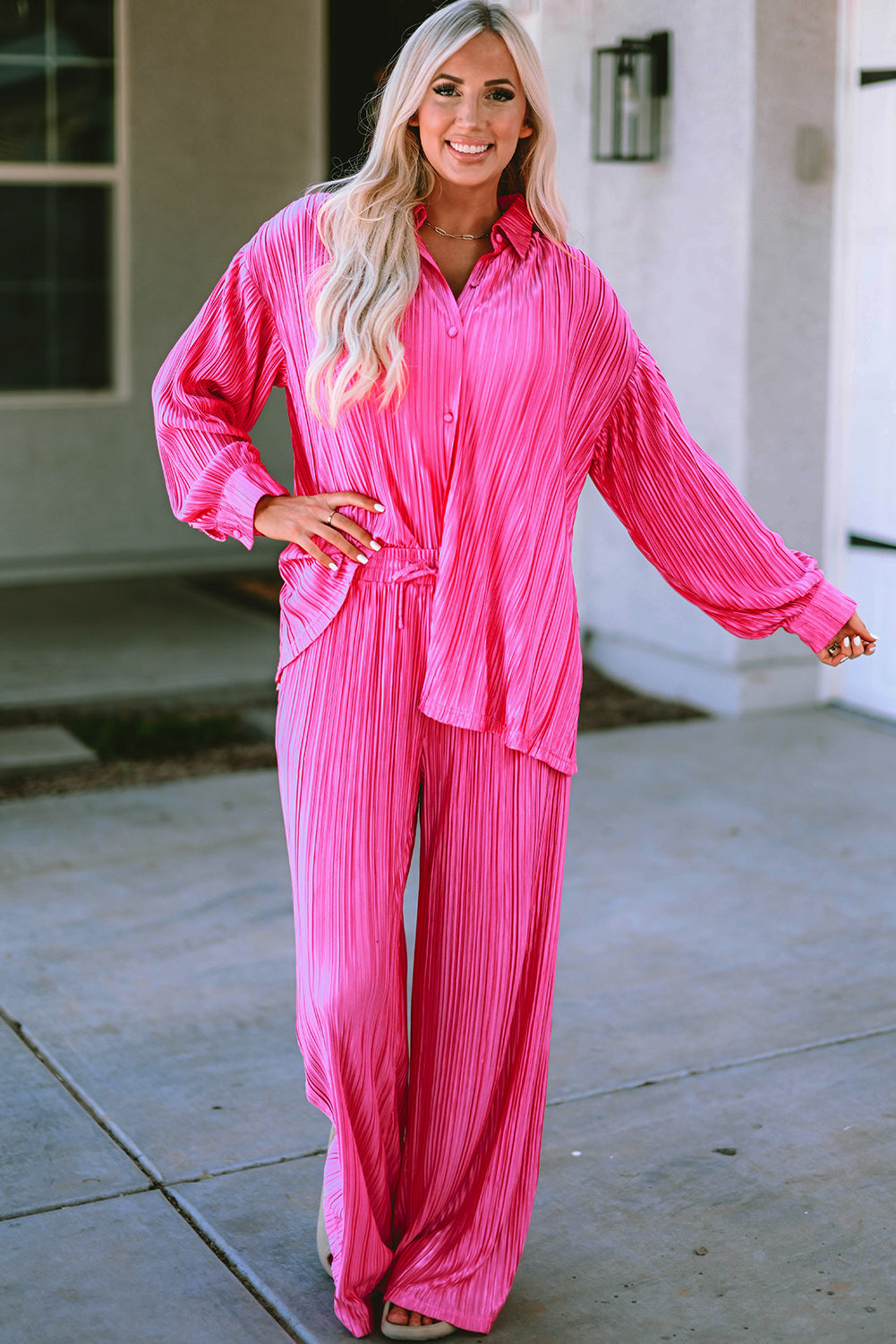 Hot Pink Rose Pleated Long Sleeve Shirt & Wide-Leg Pants Set
