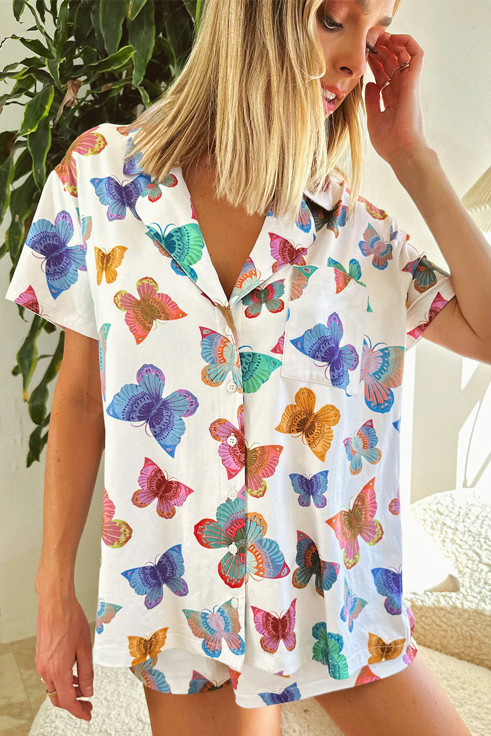 Butterfly Pattern Short Sleeve Shirt Pajamas Set