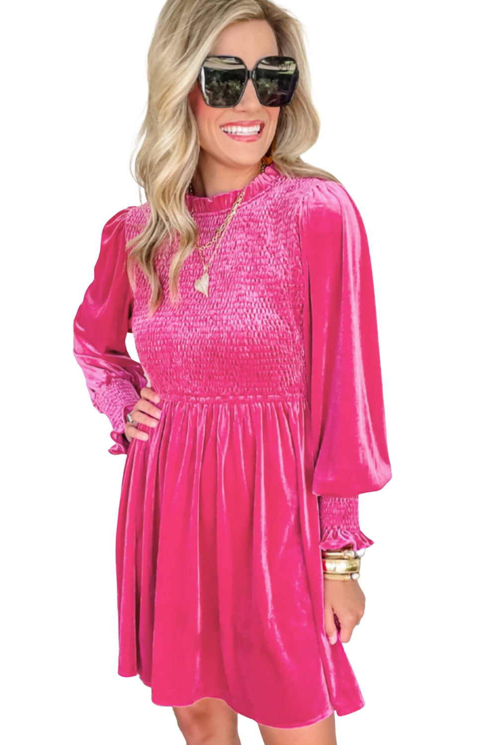 Red Smocked Lantern Sleeve Frilled Velvet Dress