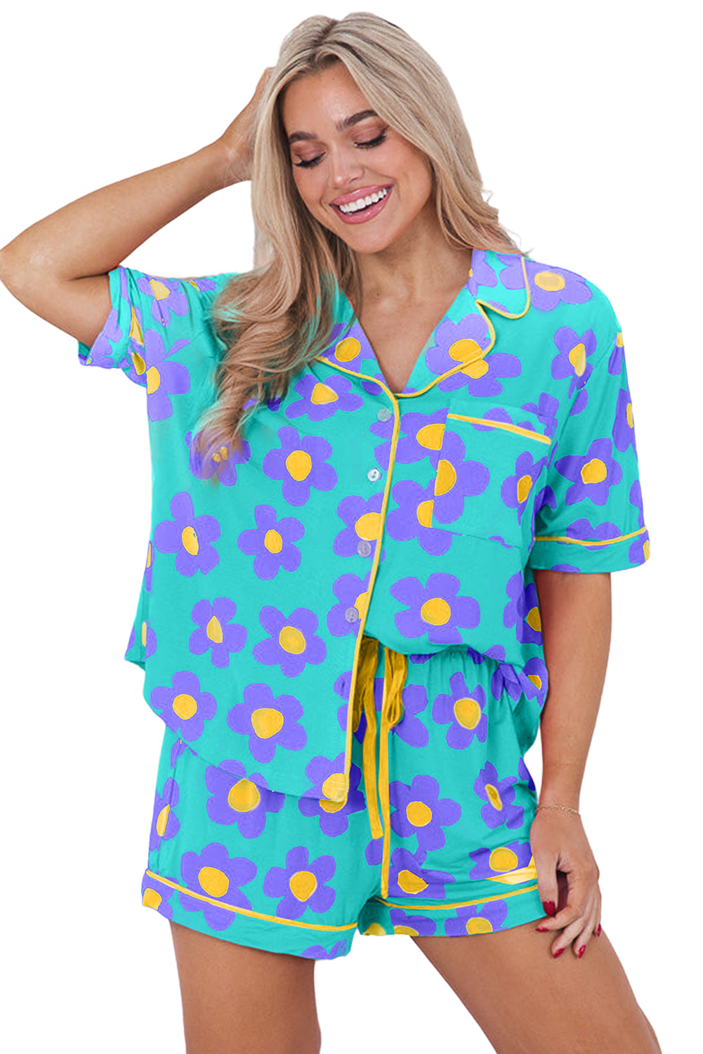 Green Flower Print Pajamas Set