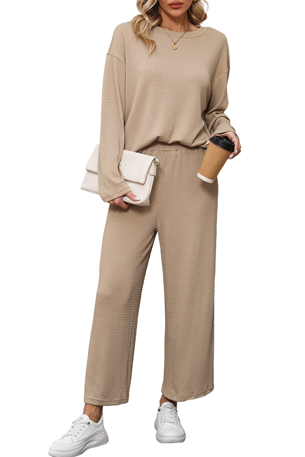 Smoke Gray Loose Textured Pullover & Pants Outfit