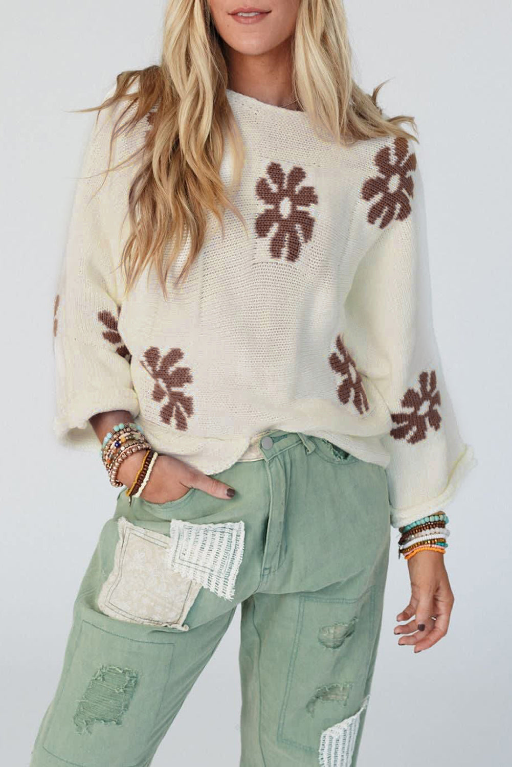 Colorblock Floral Pattern Round Neck Sweater