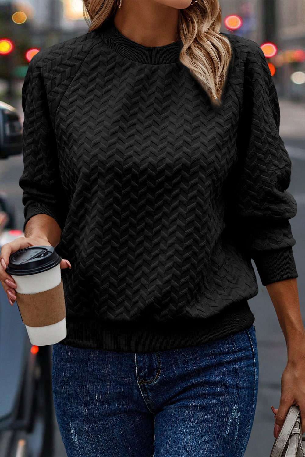 Green Solid Color Textured Raglan Sleeve Pullover Sweatshirt