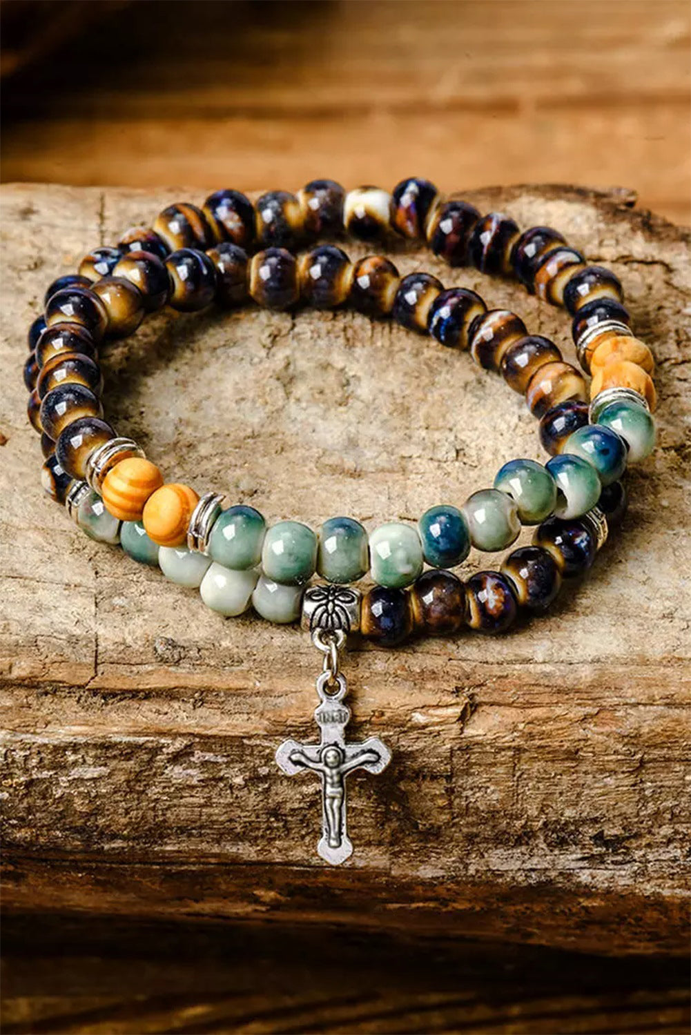Vintage Double-Layered Bracelet with Beads and Metal Cross