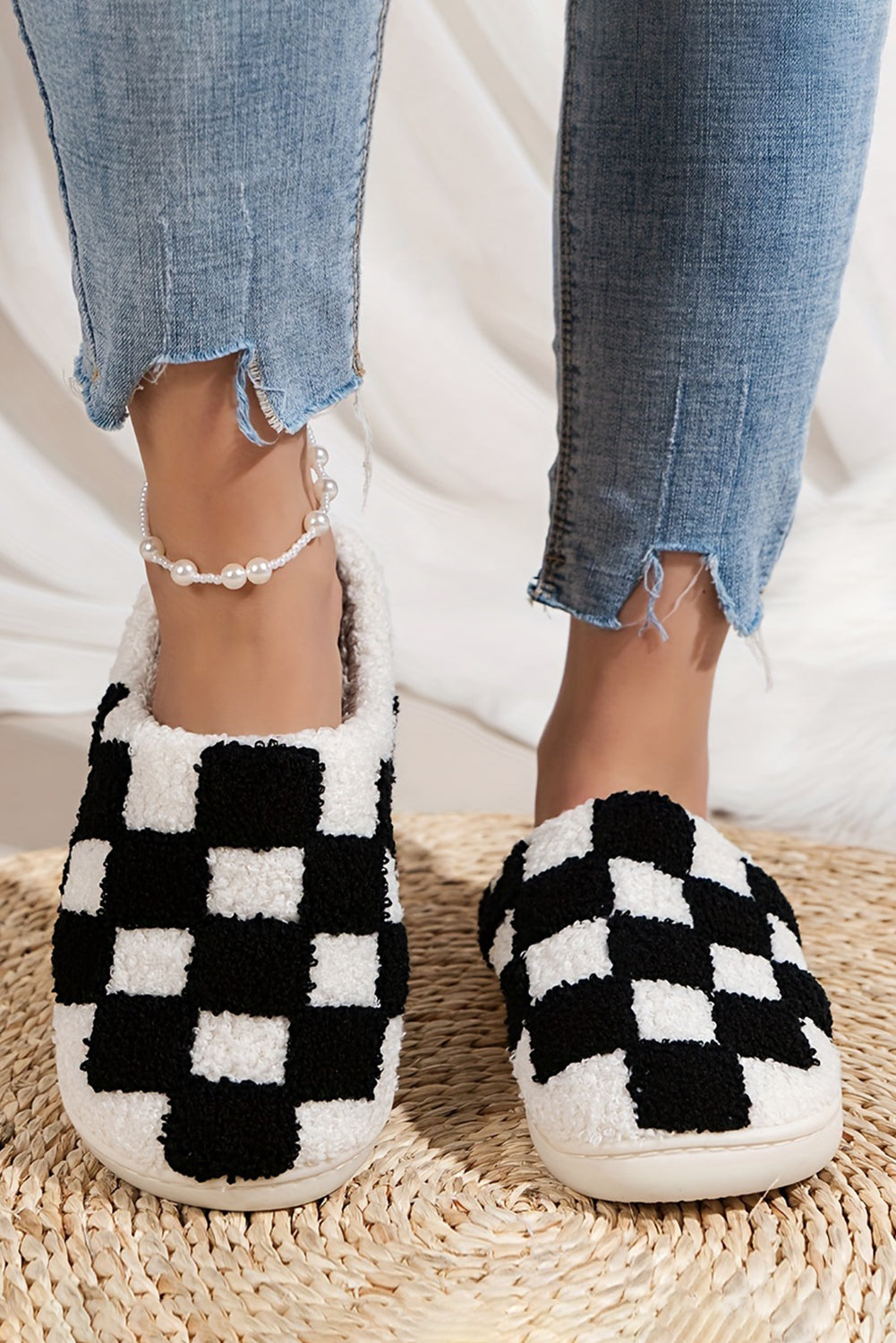 Black Checkered Print Fuzzy Slippers