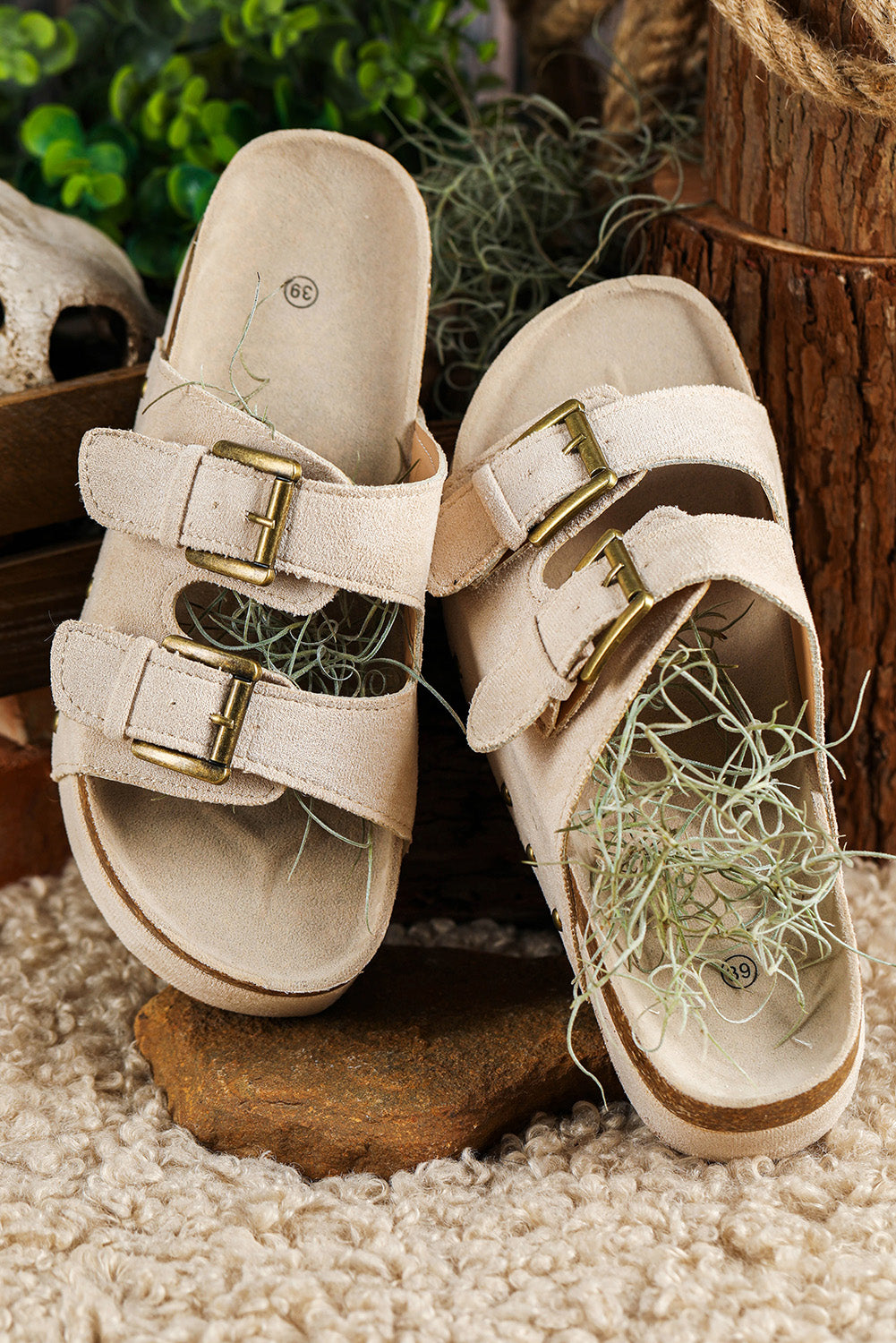 Suede Buckle Decor Corky Platform Slides