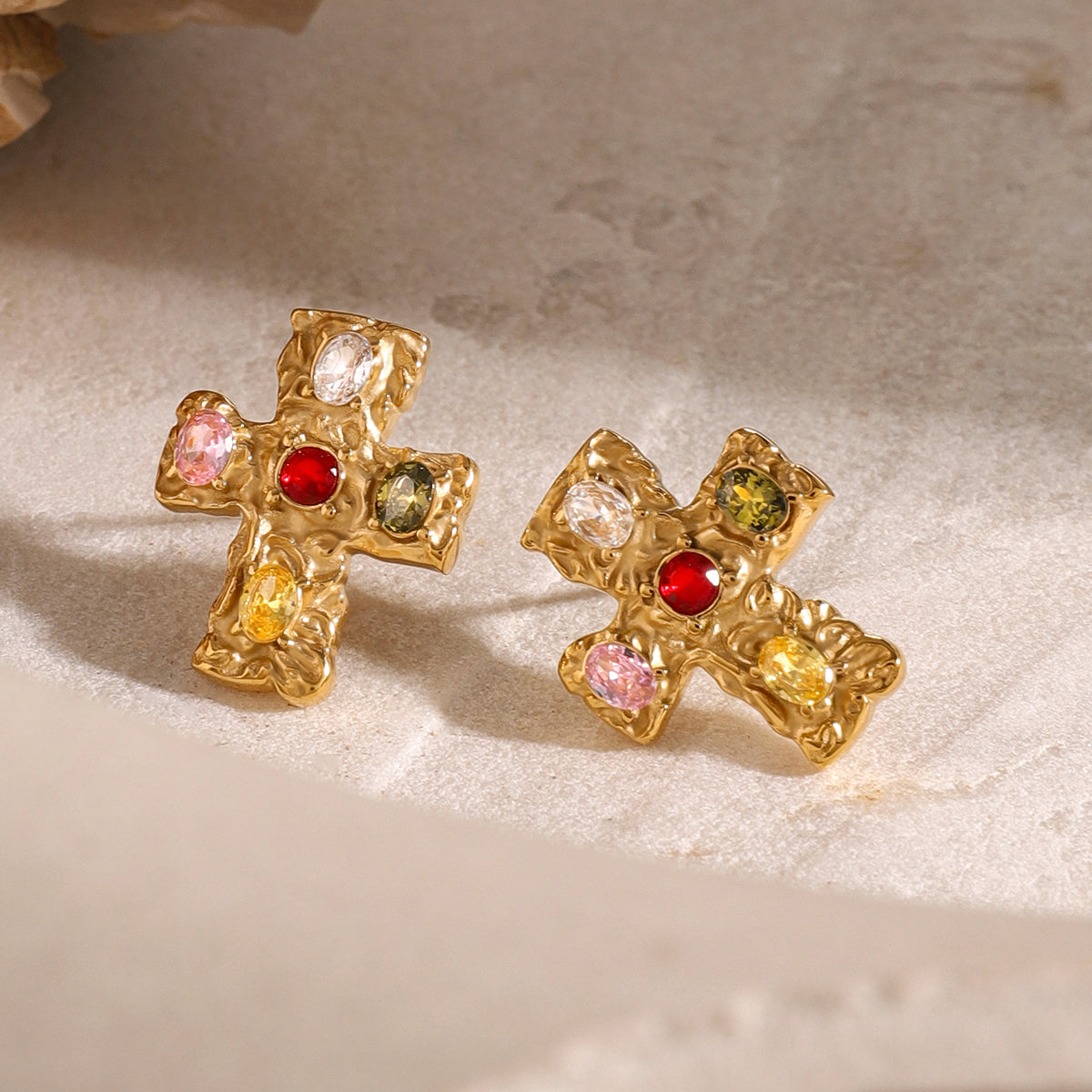 18K Gold-Plated Zircon Cross Earrings multicolor