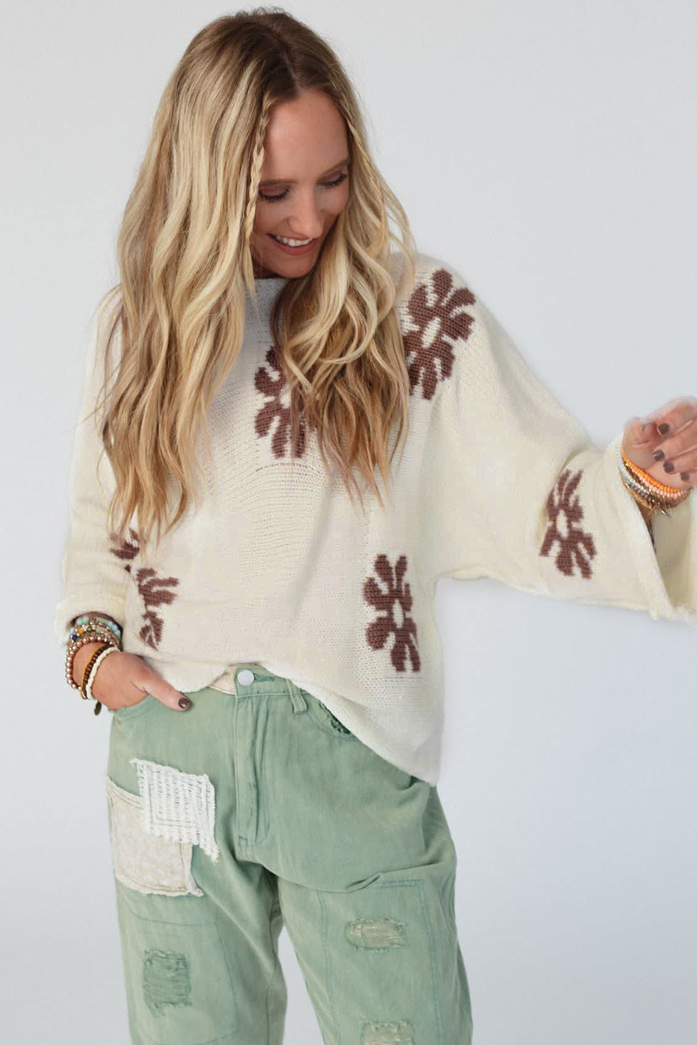 Colorblock Floral Pattern Round Neck Sweater