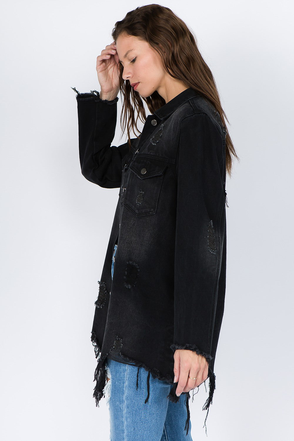 Trendy Distressed Frayed Hem Denim Jacket for Effortlessly Cool Style