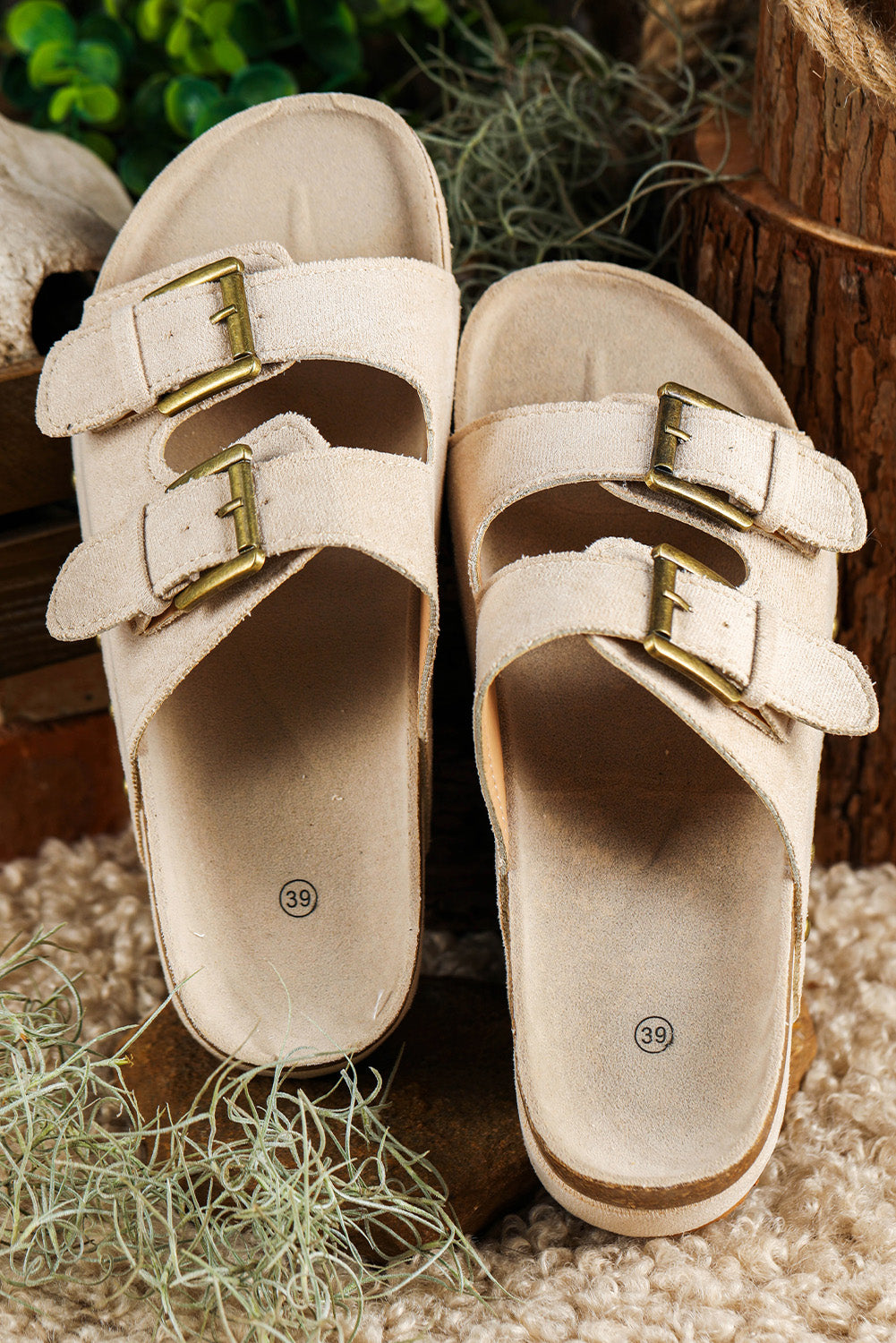 Suede Buckle Decor Corky Platform Slides