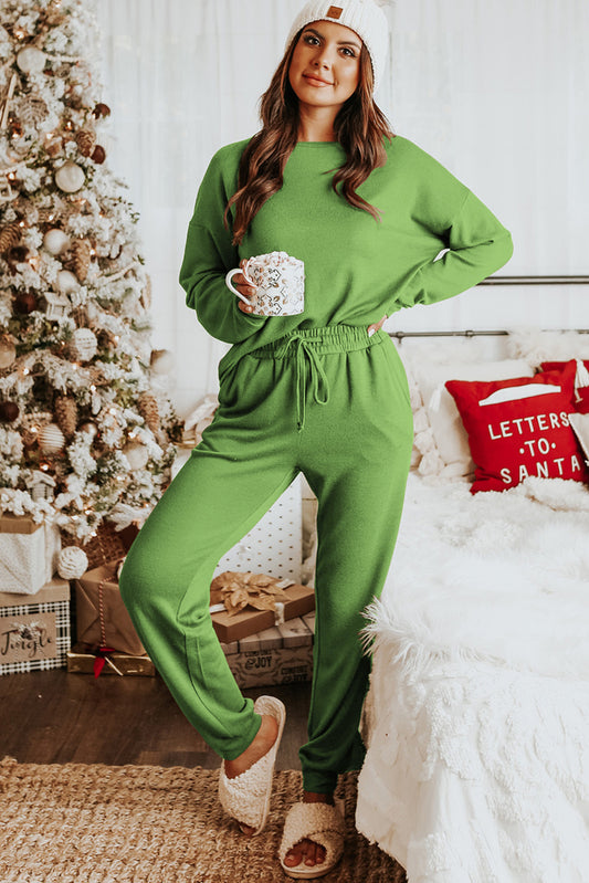 Spinach Green Luxe Long Sleeve Pullover & Jogger Pants Lounge Set