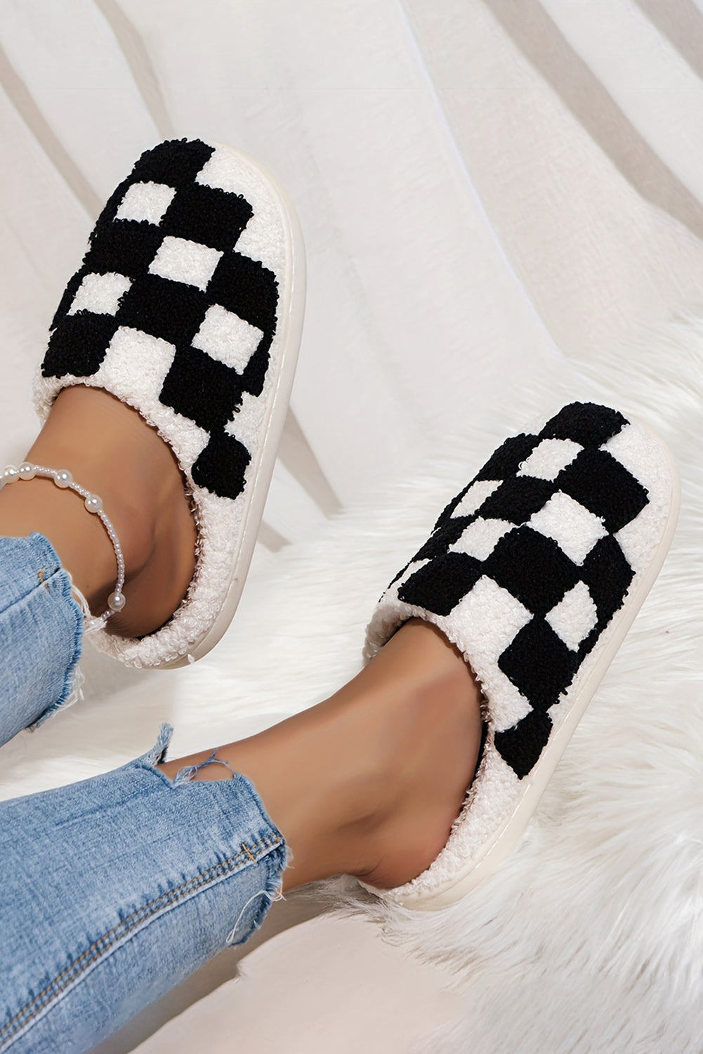 Black Checkered Print Fuzzy Slippers