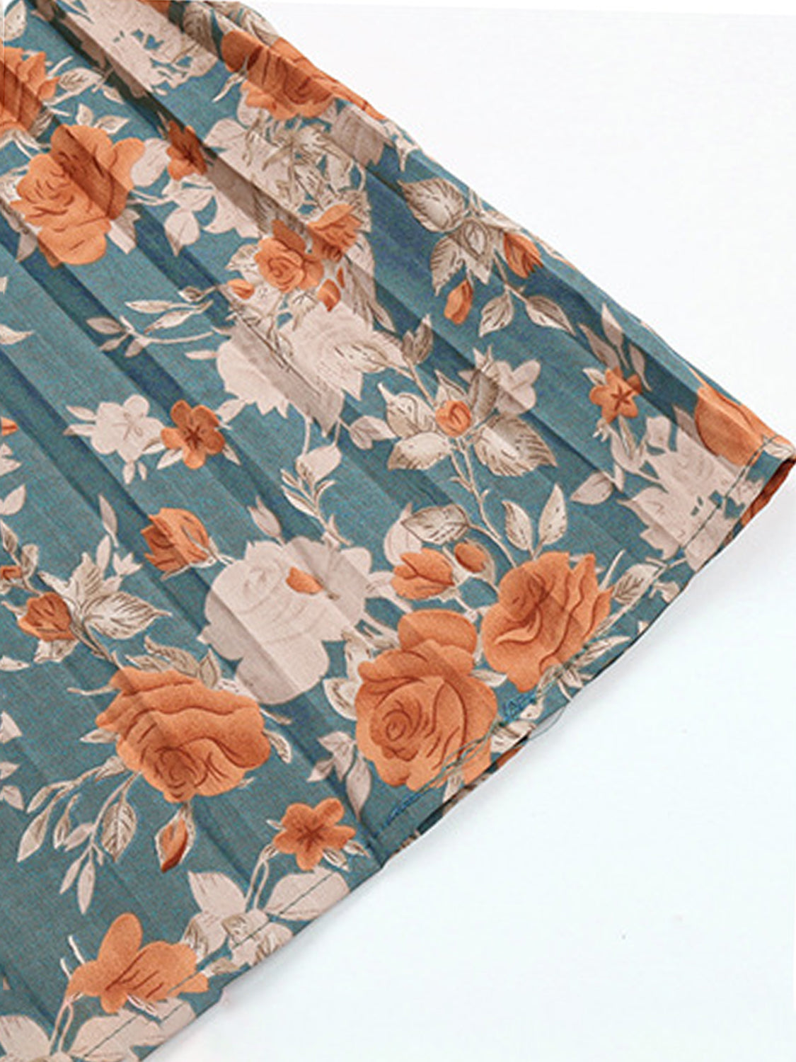 Tied Pleated Floral Printed Mock Neck Long Sleeve Dress