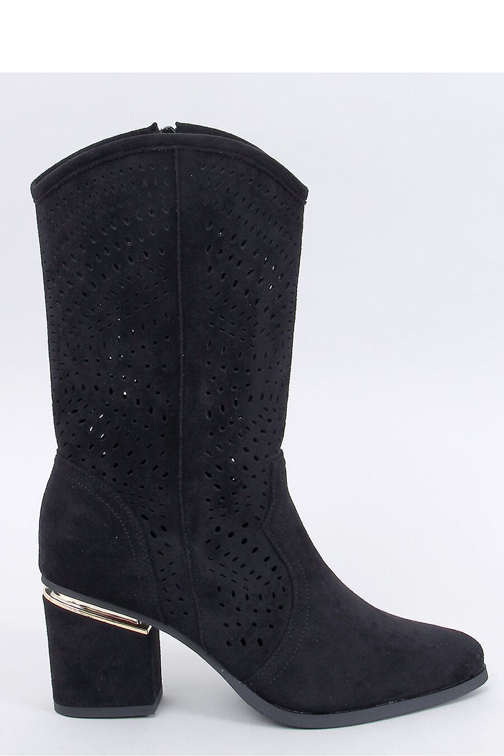 Sassy Black Perforated Mid-Calf Boot with Shiny Heel Detail