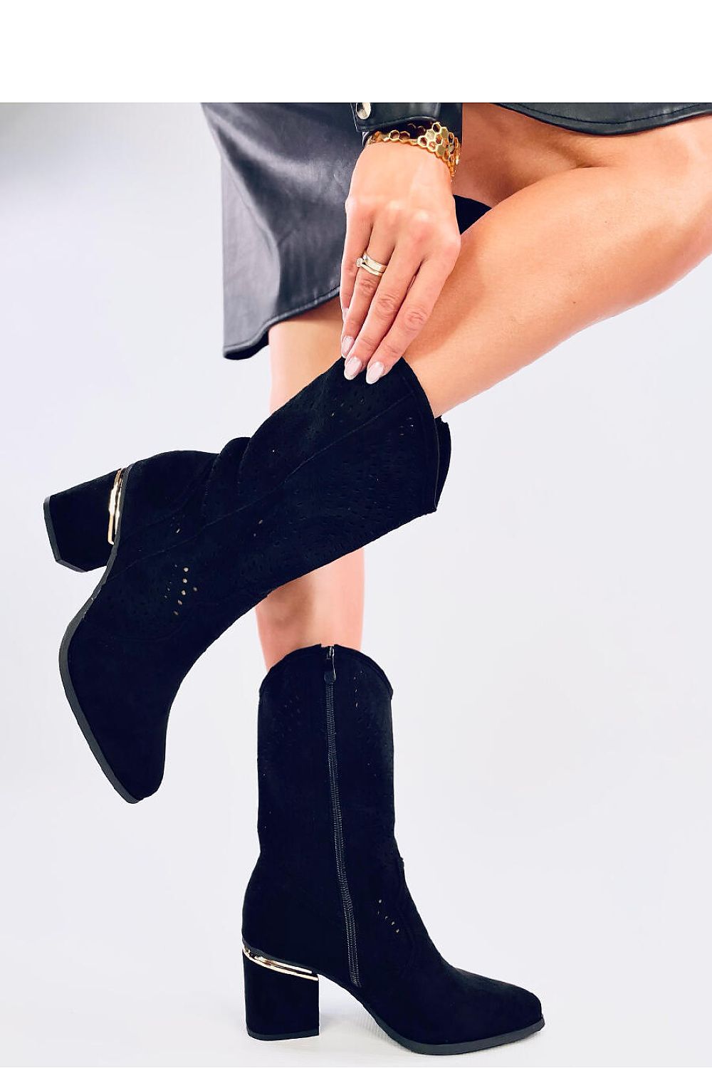 Sassy Black Perforated Mid-Calf Boot with Shiny Heel Detail