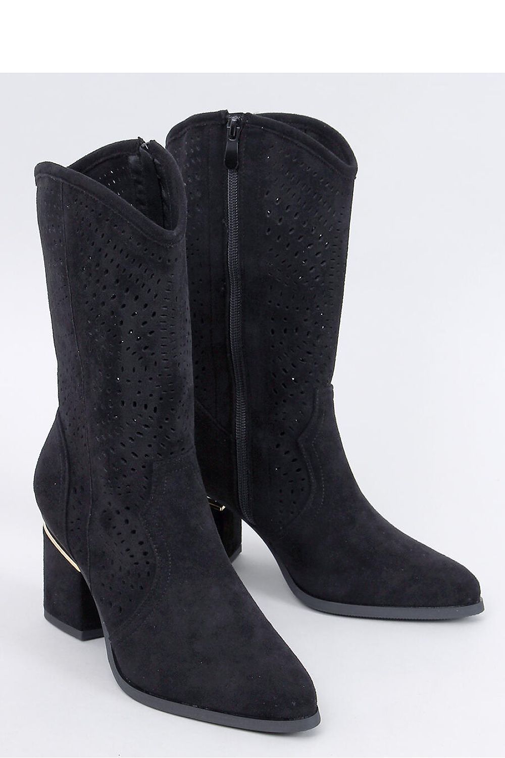 Sassy Black Perforated Mid-Calf Boot with Shiny Heel Detail