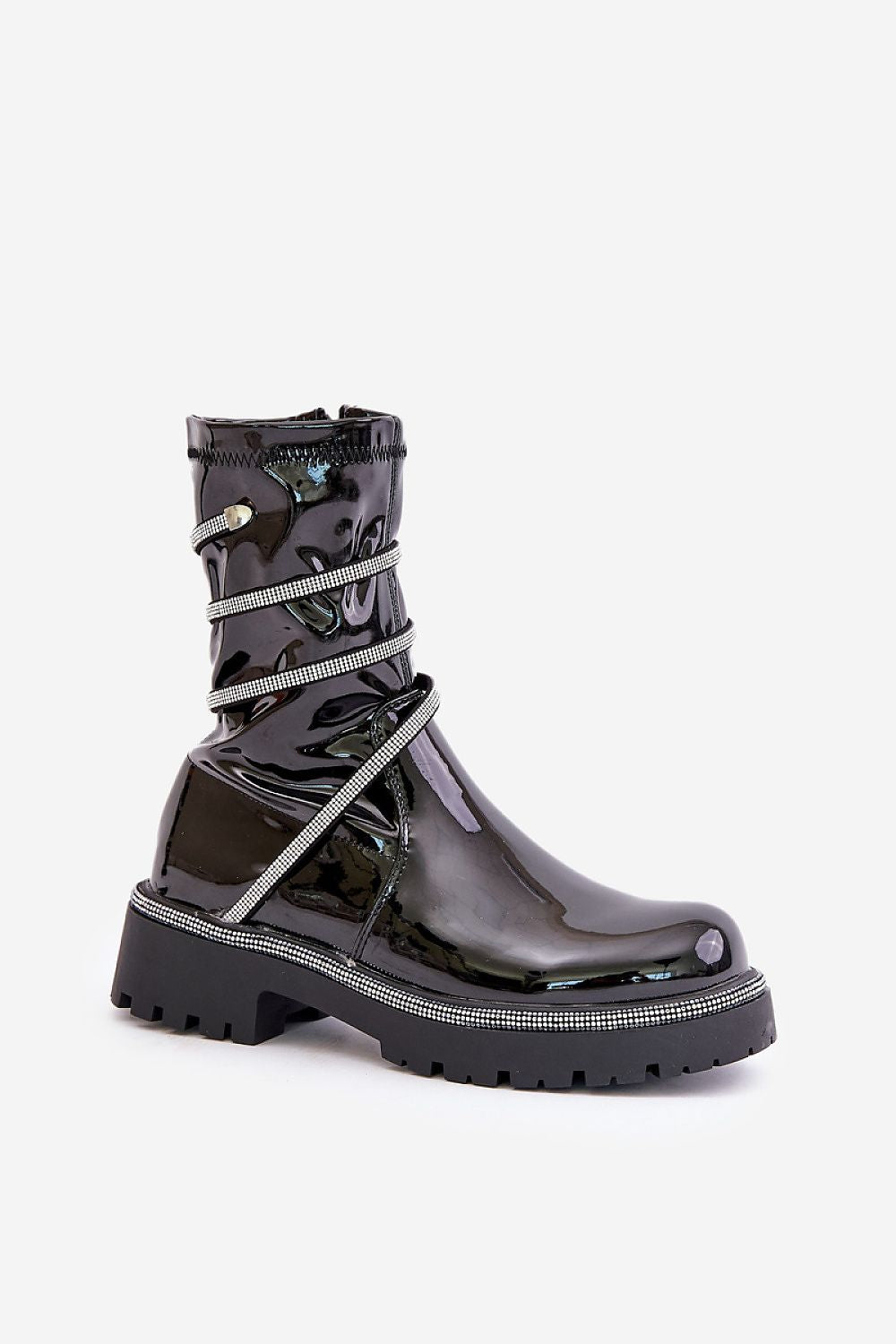 Patent Ankle Boots with Decorative Rhinestones