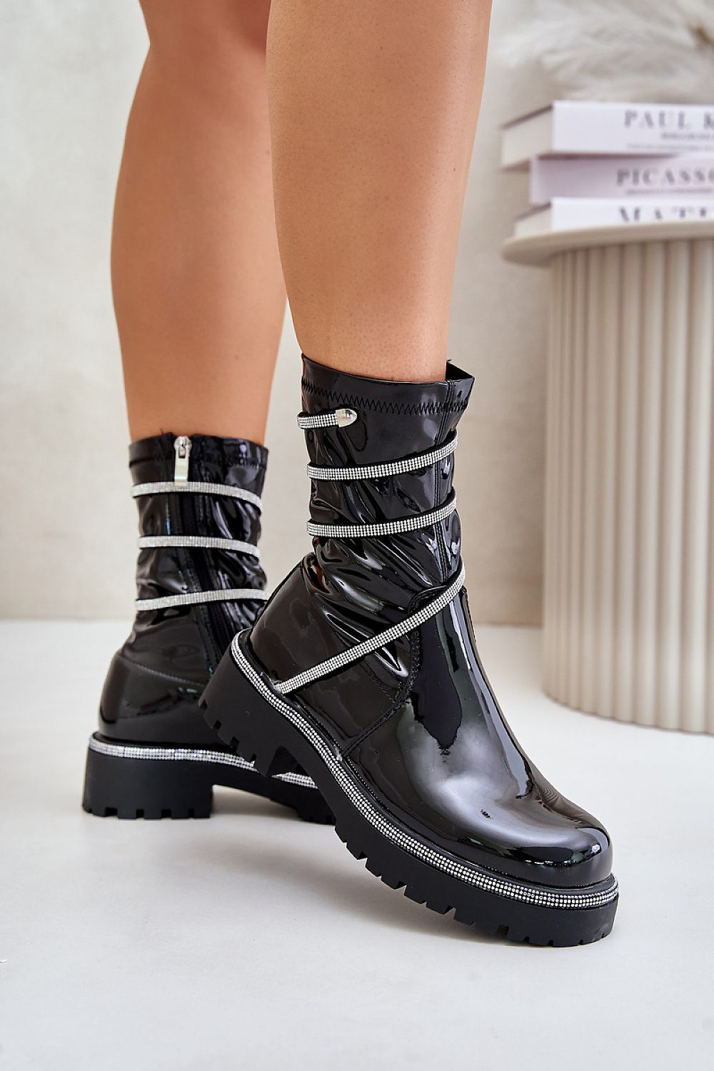 Patent Ankle Boots with Decorative Rhinestones