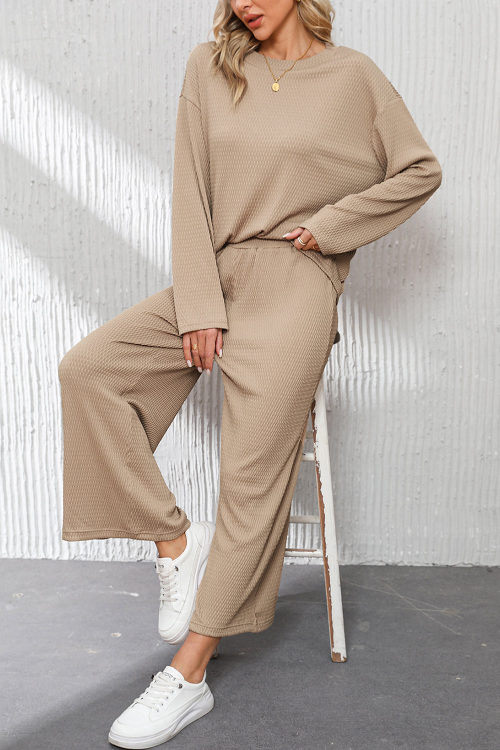 Smoke Gray Loose Textured Pullover & Pants Outfit