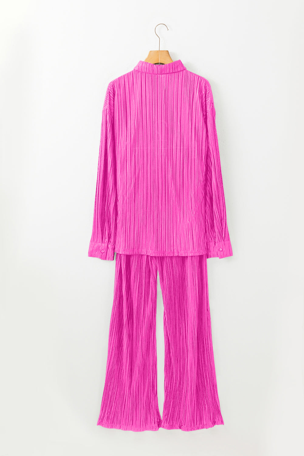 Hot Pink Rose Pleated Long Sleeve Shirt & Wide-Leg Pants Set