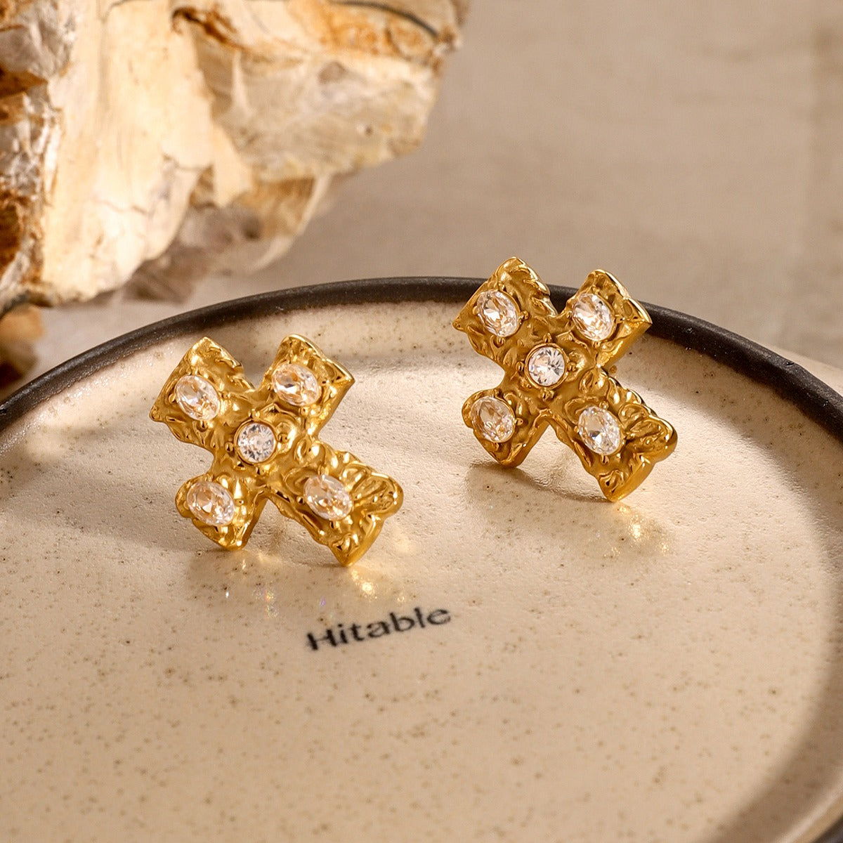 18K Gold-Plated Zircon Cross Earrings multicolor