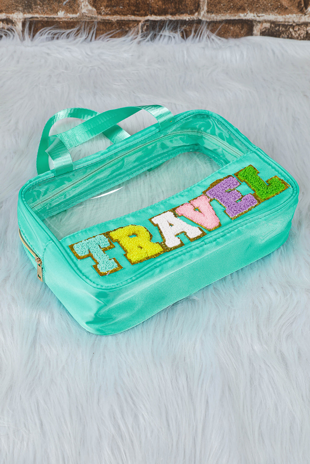 Mint Green TRAVEL Chenille Letter Clear Makeup Bag