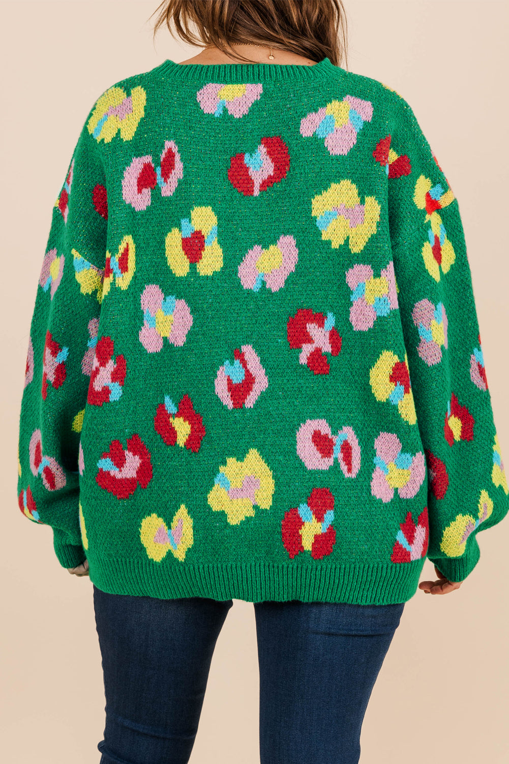 Floral Knitted Ribbed Edge Drop Shoulder Sweater