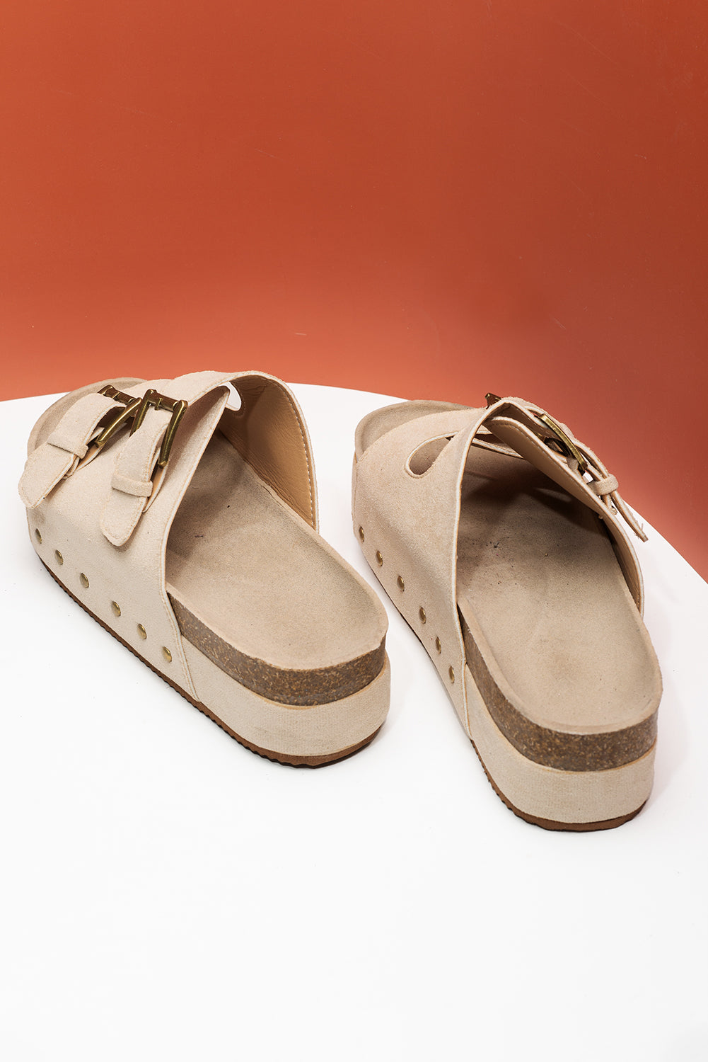 Suede Buckle Decor Corky Platform Slides