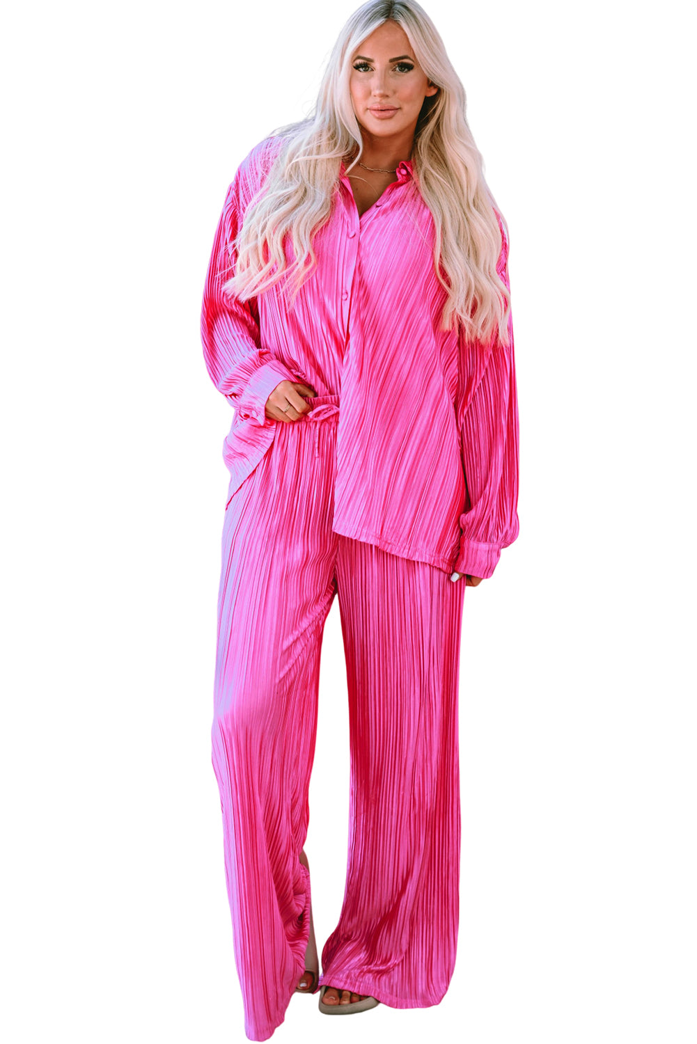 Hot Pink Rose Pleated Long Sleeve Shirt & Wide-Leg Pants Set