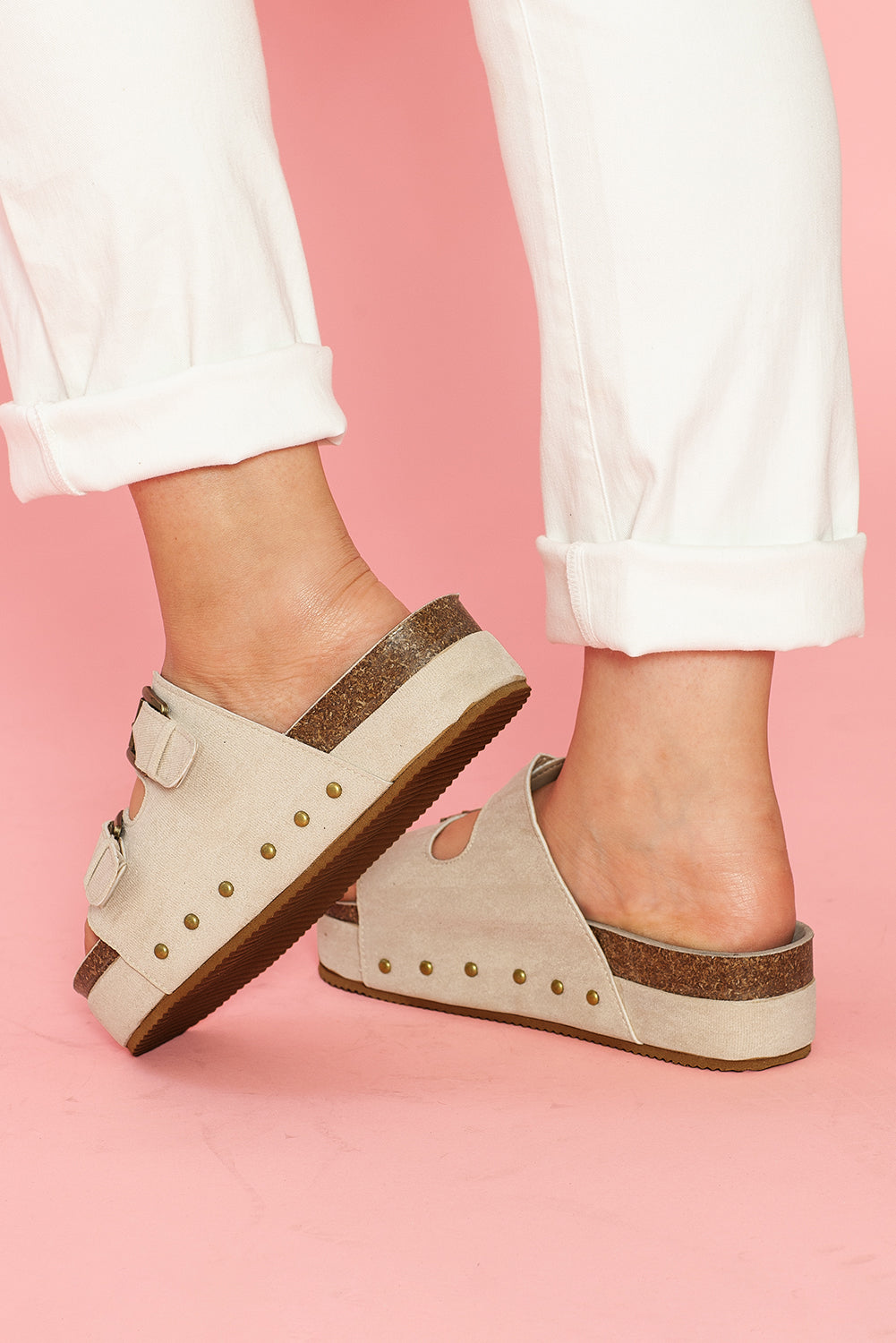 Suede Buckle Decor Corky Platform Slides
