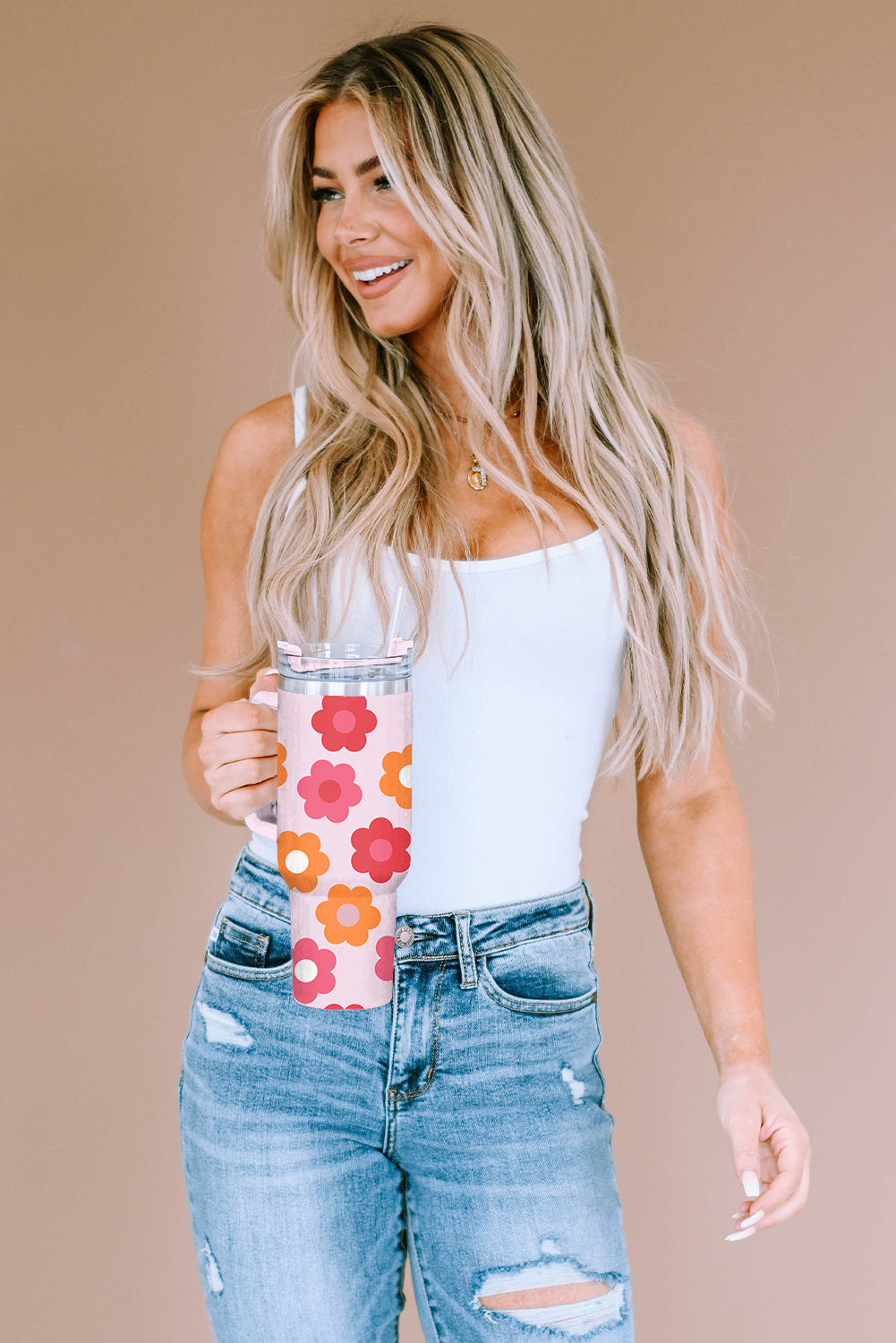Flower Print Handled Stainless Steel Vacuum Cup 40oz
