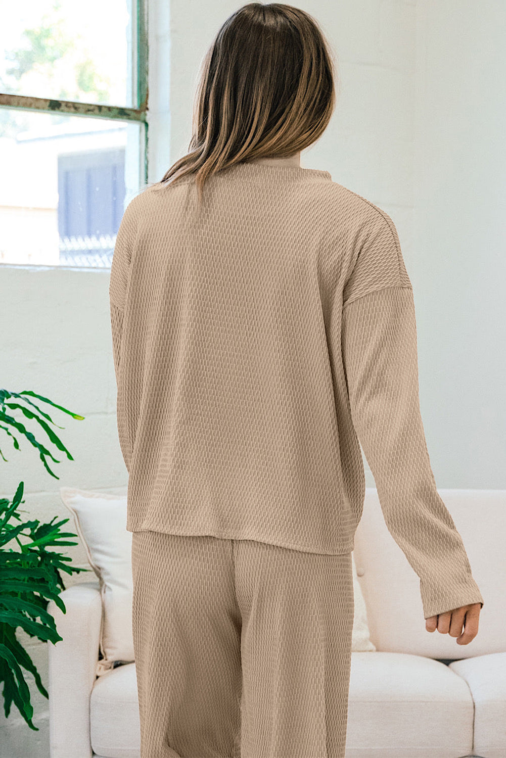 Smoke Gray Loose Textured Pullover & Pants Outfit